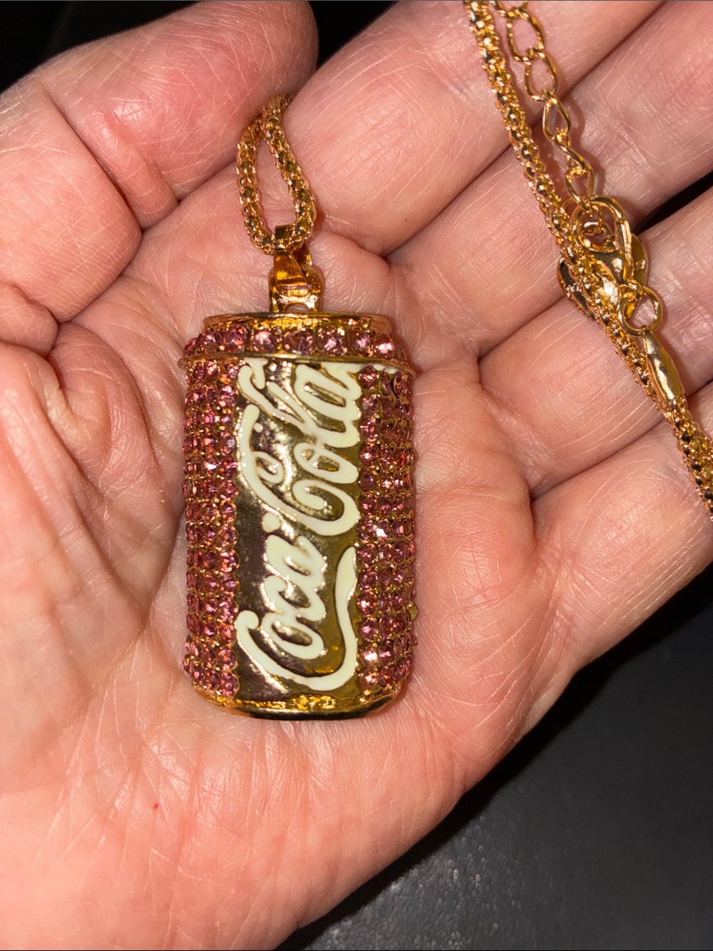 Coca Cola Gold Tone Necklace with Pink Rhinestone Can Pendant